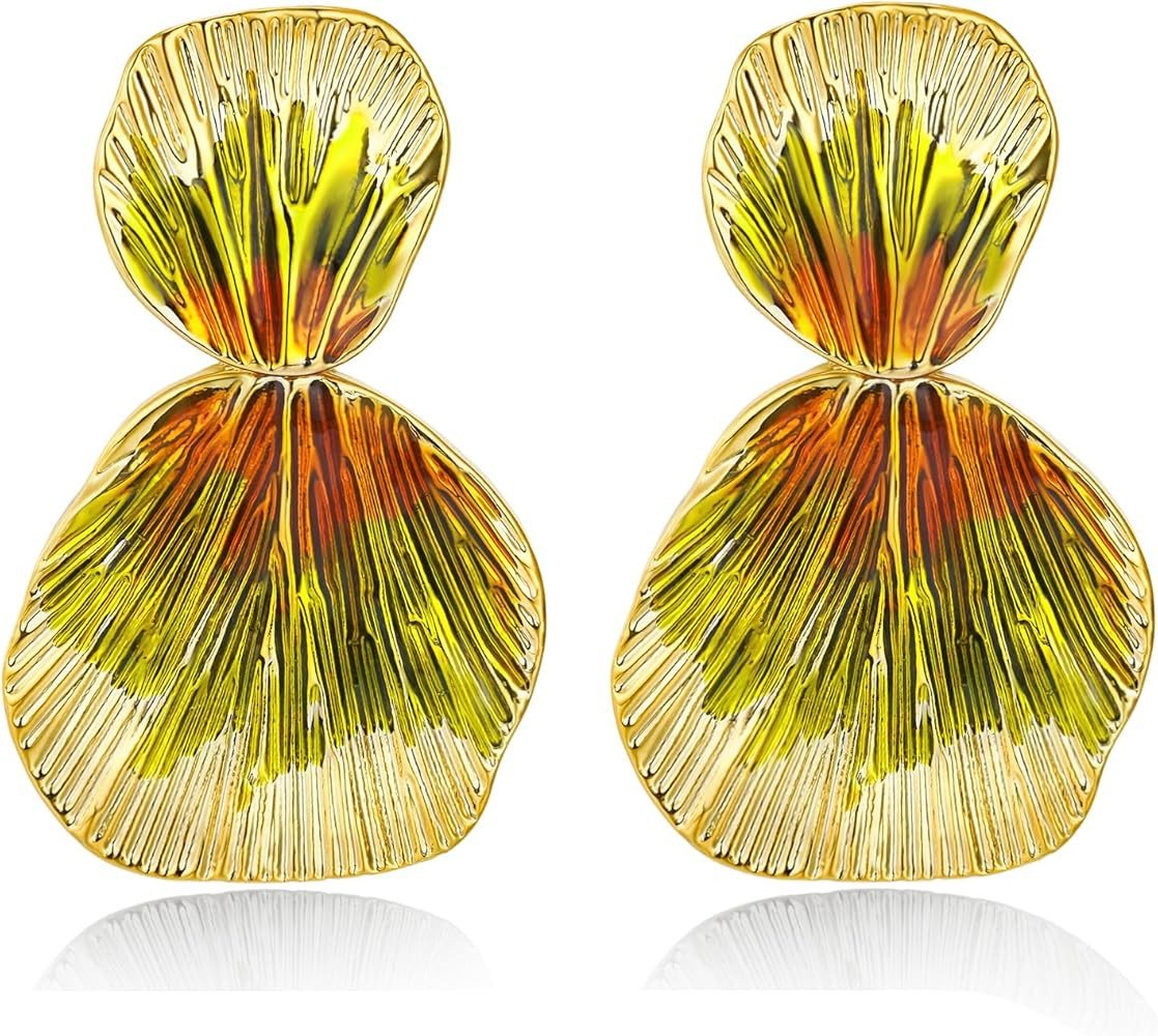 Colorful 18K gold plated Boho Chunky Leaf Floral Geometric Textured Dangling Statement Earrings f... | Amazon (US)