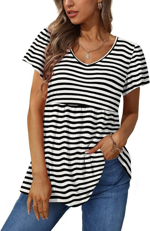 Glanzition Women Ruffle Short Sleeve V Neck Oversized Shirt Tunic Babydoll Tops | Amazon (US)