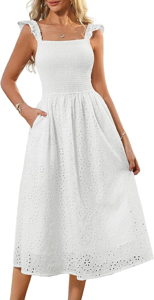GRACE KARIN Women's 2025 Summer Ruffle Sleeve Midi Dress Square Neck Hollow Out Eyelet Smocked Be... | Amazon (US)