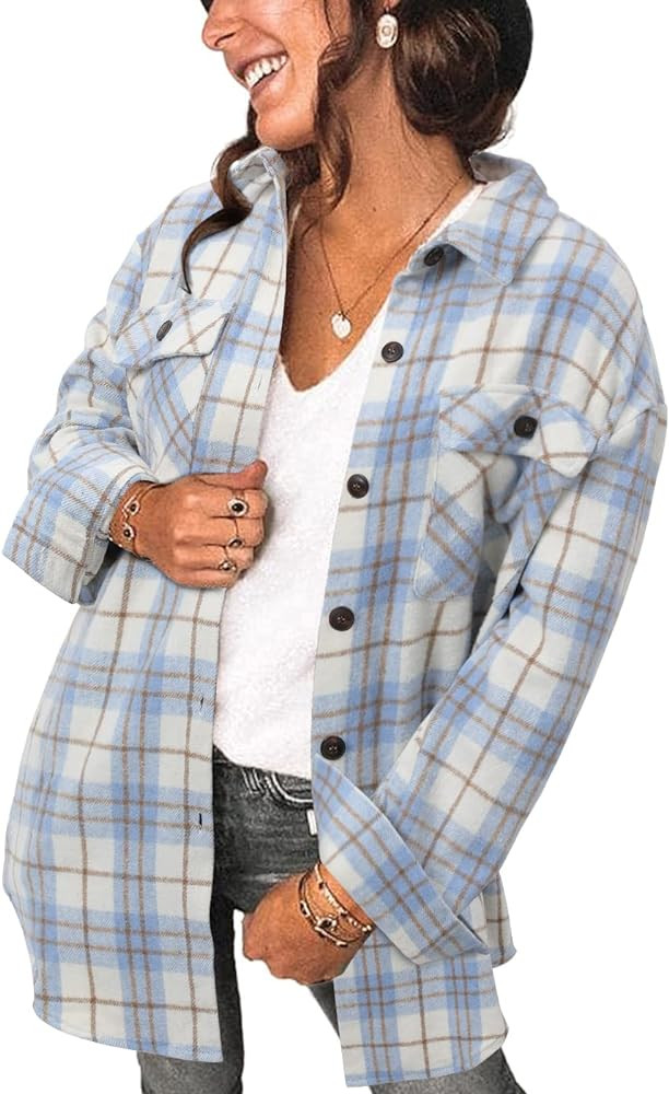 Women's Brushed Plaid Shirts Long Sleeve Flannel Lapel Button Down Cardigan Boyfriend Shacket Jac... | Amazon (US)