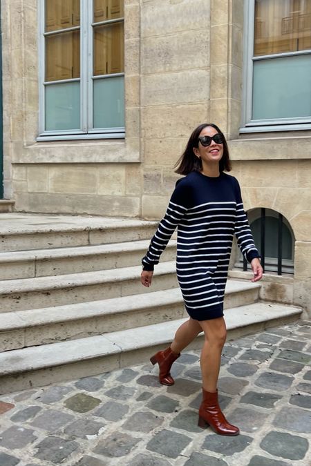 Fall Outfit
Sèzane Stripe Dress- wearing small
Sèzane Ankle Boots- true to size 
French Girl Style 

#LTKtravel #LTKover40 #LTKSeasonal