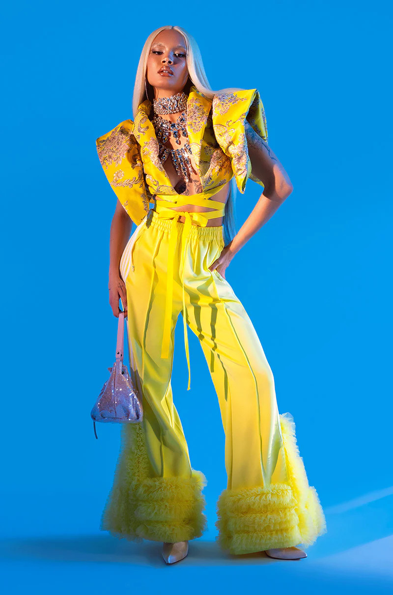 MODERN JAM TRACK PANT WITH TULLE IN YELLOW | AKIRA