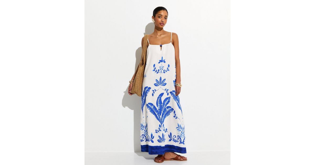 White and Blue Painted Leaf Pattern Beach Maxi Dress | New Look | New Look (UK)