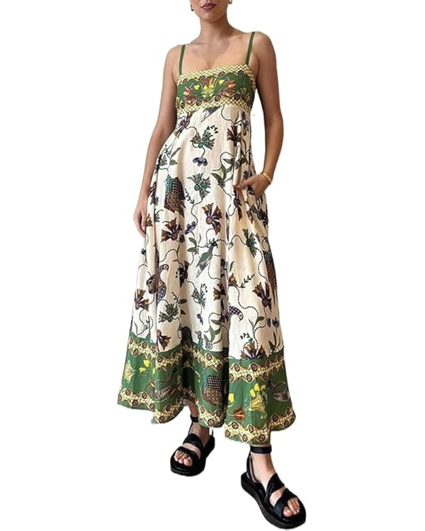 AOACRCD 2023 Summer Strap Printed Sleeveless Large Swing Dress for Women ~@~ (Color : Green, Size... | Amazon (US)