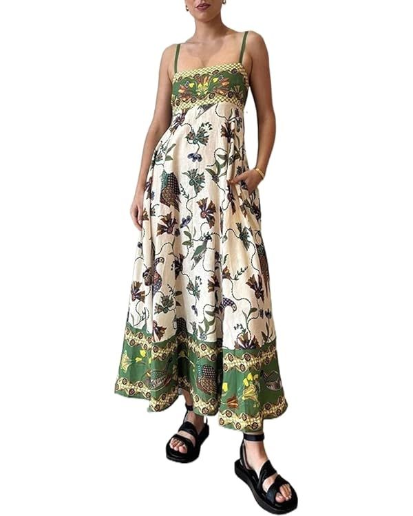 AOACRCD 2023 Summer Strap Printed Sleeveless Large Swing Dress for Women ~@~ (Color : Green, Size... | Amazon (US)