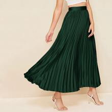 Wide Band Waist Pleated Satin Maxi Skirt | SHEIN