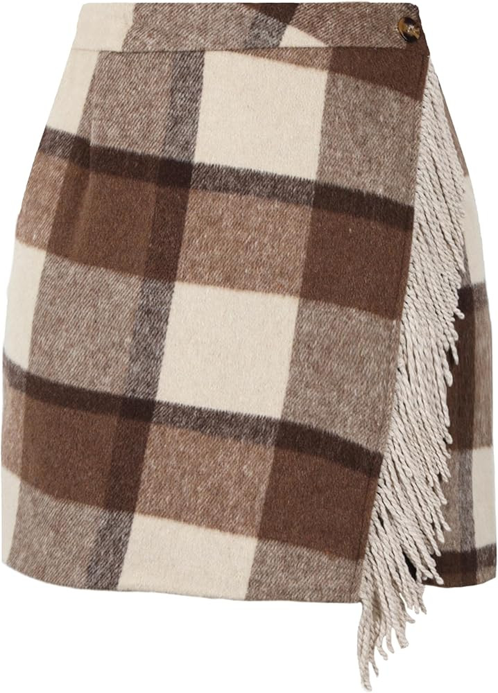 Tanming Plaid Skirts for Women High Waist Bodycon Pencil Fringe Mini Skirts Fall Winter Wool Wrap... | Amazon (US)