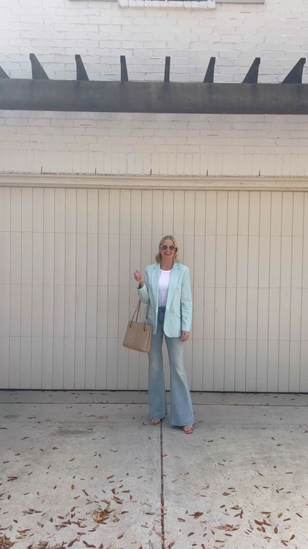 This blazer will take you straight from work to weekend! The soft aqua color is such a playful choice for spring/summer, and it’s a great price! Shop this look by following me in the LTK app. Sunglasses are by Krewe and jeans are old Stella McCartney - wearing a medium in the blazer + tank and took my normal size in the sandals. 

#LTKshoecrush #LTKstyletip