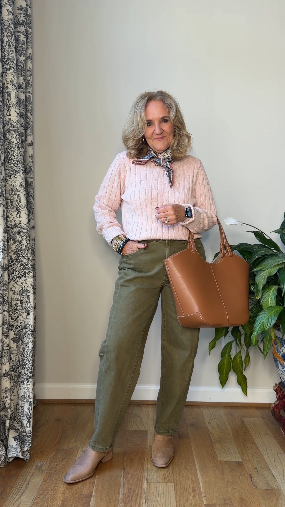 These green jeans are winners. Wearing size 8 
Pink cotton sweater I sized up to a large
20% off my bracelets code NANETTE20
