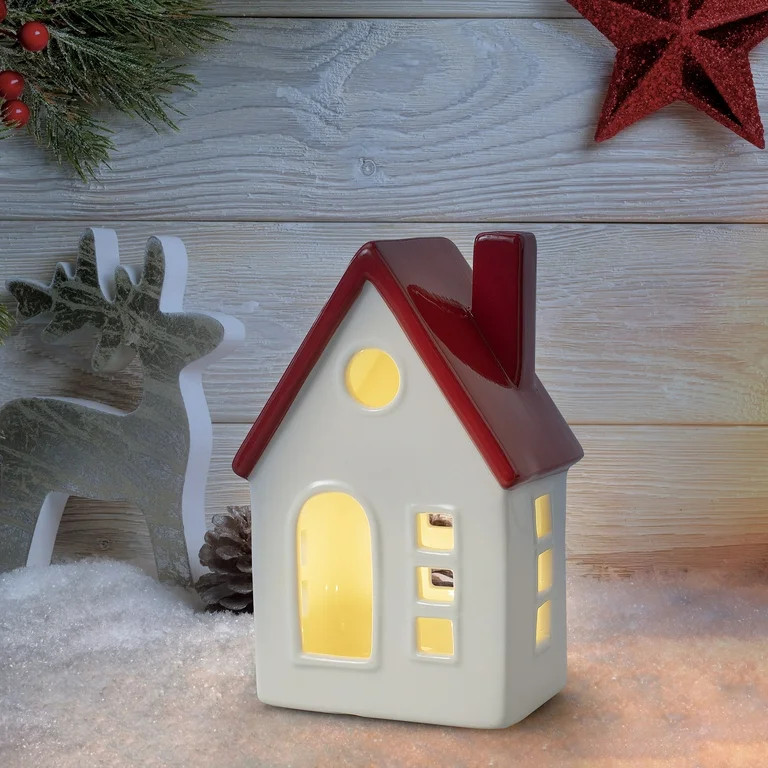 Small Red and White LED Light-Up Ceramic House, 6 in, by Holiday Time | Walmart (US)