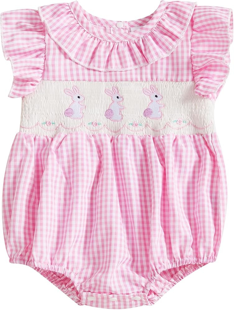 Adobabirl Baby Girl Easter Outfit Bunny Embroidery Smocked Bubble Romper Plaid Short Sleeve Bodys... | Amazon (US)