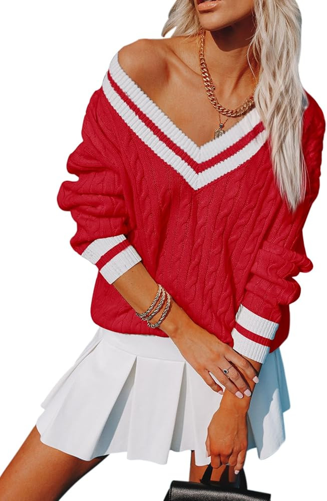 Womens V Neck Oversized Sweaters Long Sleeve Cable Knit Pullover Striped Chunky Sweater Casual Te... | Amazon (US)