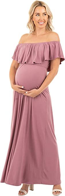 Mother Bee Maternity Open Shoulder Dress with Ruffles | Amazon (US)