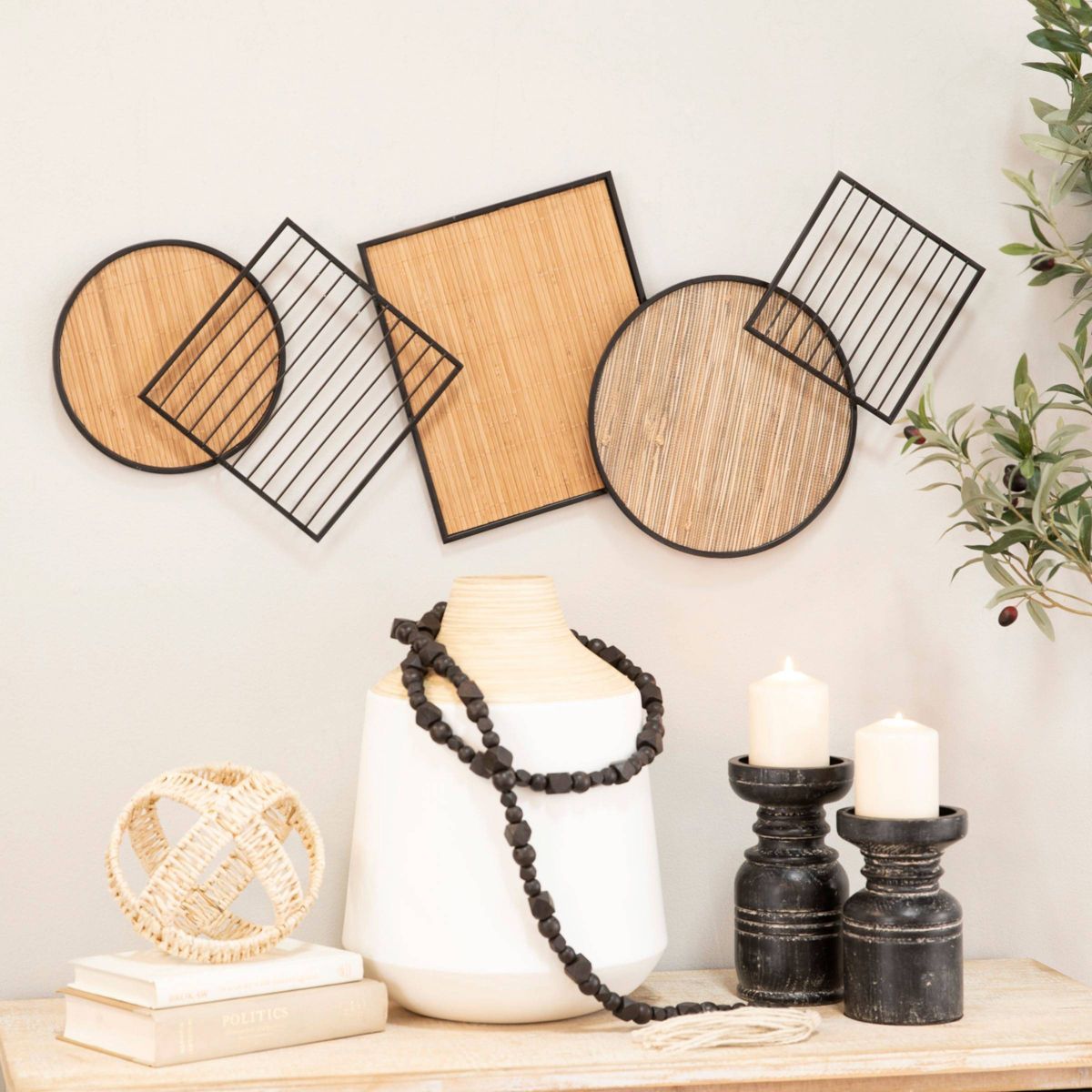 Bamboo Geometric Shapes Wall Decor with Metal Wire Frames Brown - Olivia & May | Target