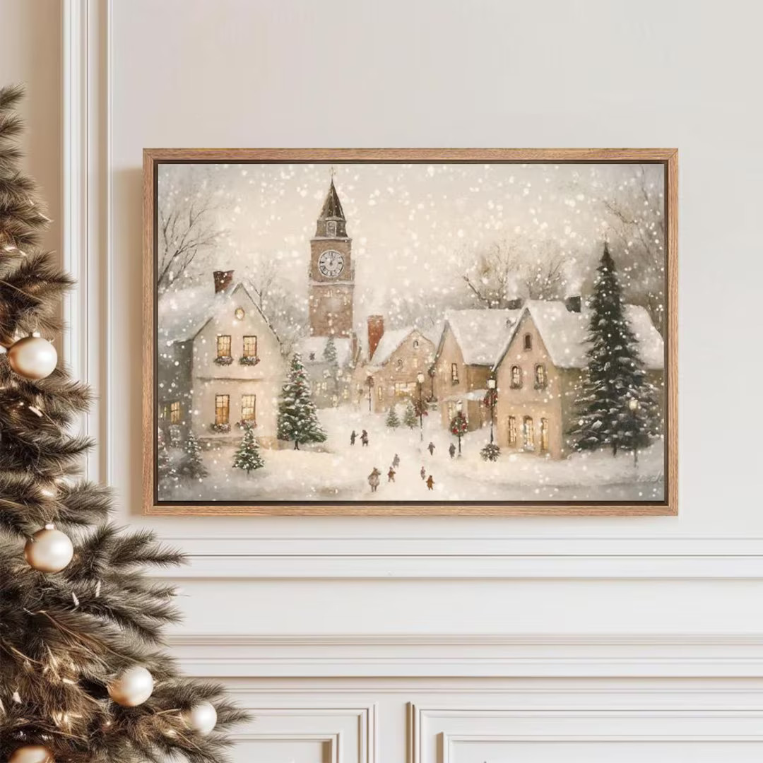 Framed Canvas Wall Art Vintage Winter Village Painting Winter Landscape Wall Art Print Country Wi... | Etsy (US)