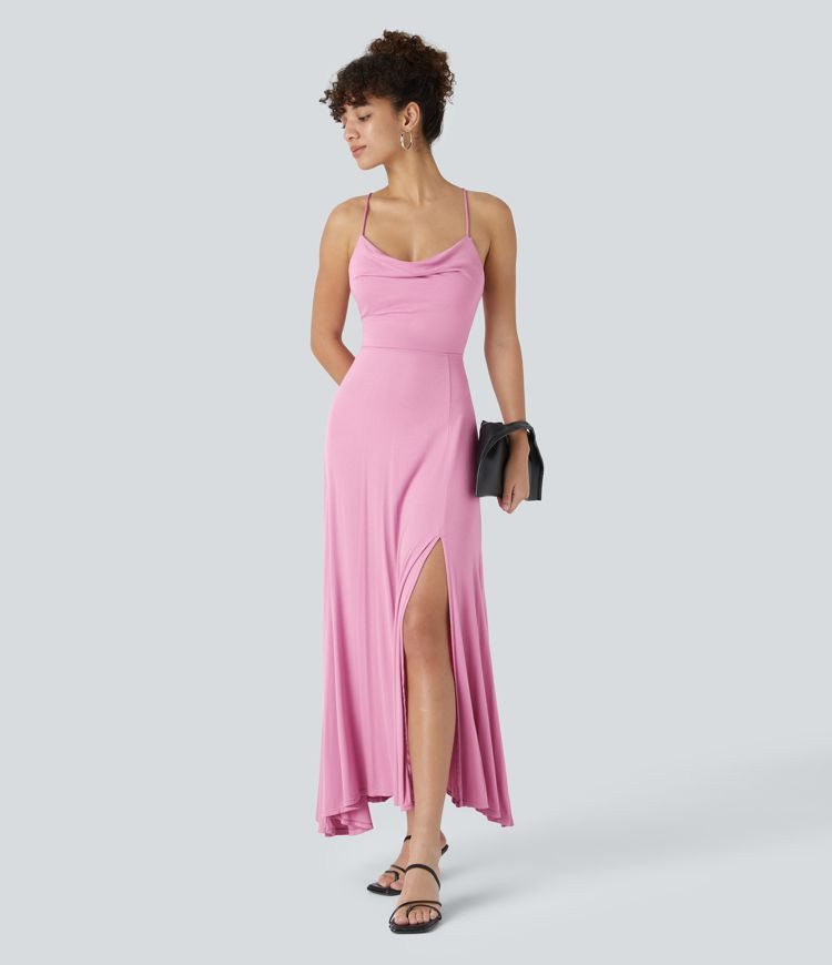 Women’s Ribbed Cowl Neck Backless Crisscross Lace Up Split Midi Party Dress - Halara | HALARA