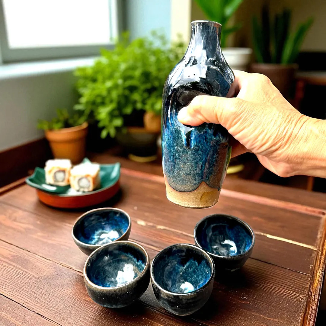 Handmade Sake Set Ceramic, Whiskey Set in Ocean Blue – Rustic Sake Bottle & 4 Cups, Wabi-sabi P... | Etsy (US)