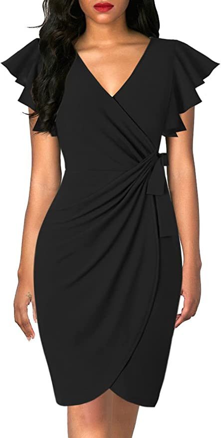 BINOVISOR Women's Cocktail Faux Wrap Dresses Deep V Neck Ruffle Sleeve Ruched Party Work Formal D... | Amazon (US)