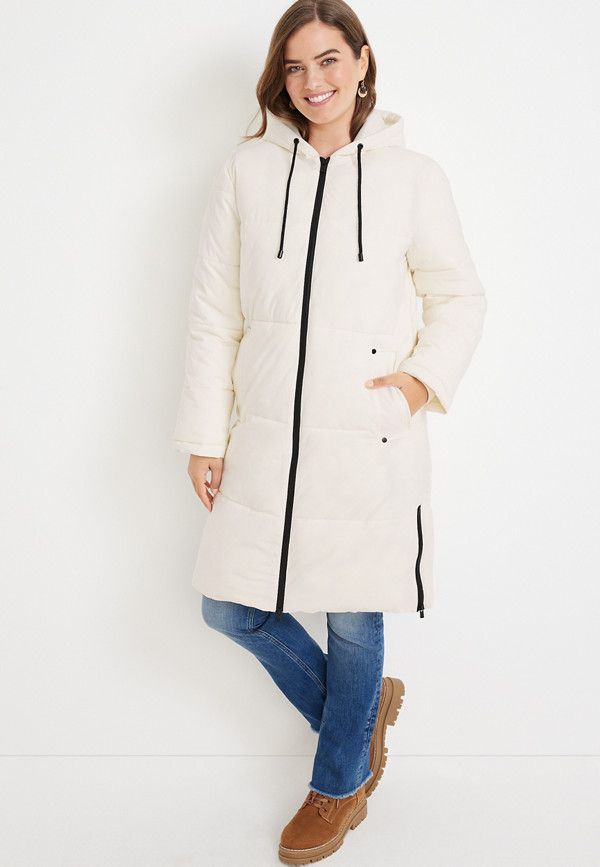 White Longlined Hooded Puffer Coat | Maurices