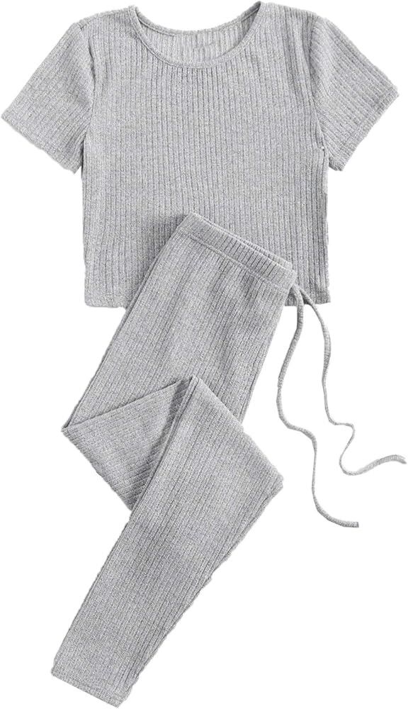 Verdusa Women's 2 Piece Ribbed Short Sleeve Tee Top and Pants Tracksuit Sets | Amazon (US)