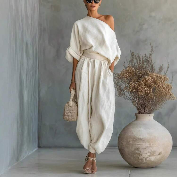 2026 Summer New Style Asymmetrical Shoulder Comfortable Outfit: Short-Sleeve Top And Casual Long Pants Women's Two-Piece Set | SHEIN