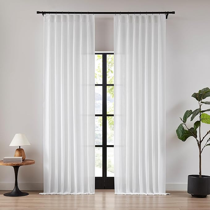 112 Inches White Pinch Pleated Semi Sheer Curtains Linen Blend Light Filtering Window Curtain for... | Amazon (US)