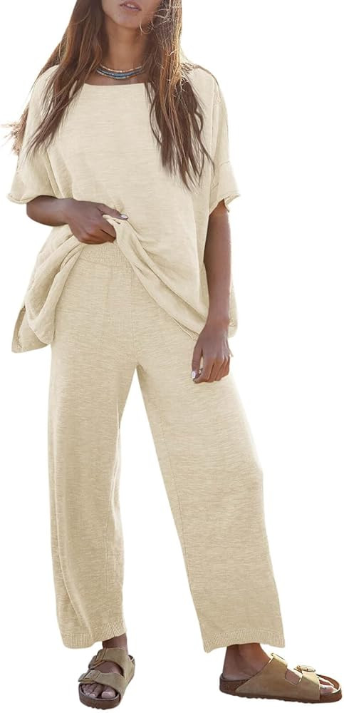 Tankaneo Women's 2 Piece Travel Outfits Casual Short Sleeve Knit Pullover Tops Wide Leg Pants Lou... | Amazon (US)