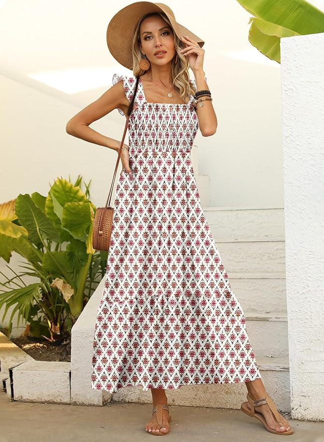 LOLONG Maxi Dress for Women Summer Boho Spaghetti Strap Square Neck Ruffle Beach Sun Dress | Amazon (US)