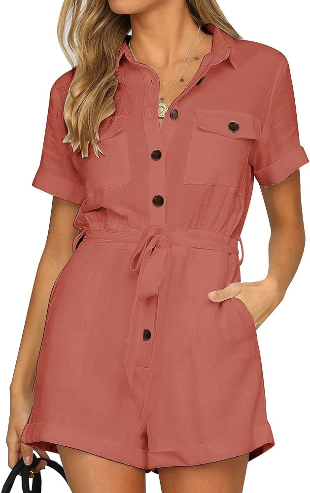 GRAPENT Women's Summer Short Sleeve Button Down Pockets Belted Jumpsuits Rompers | Amazon (US)