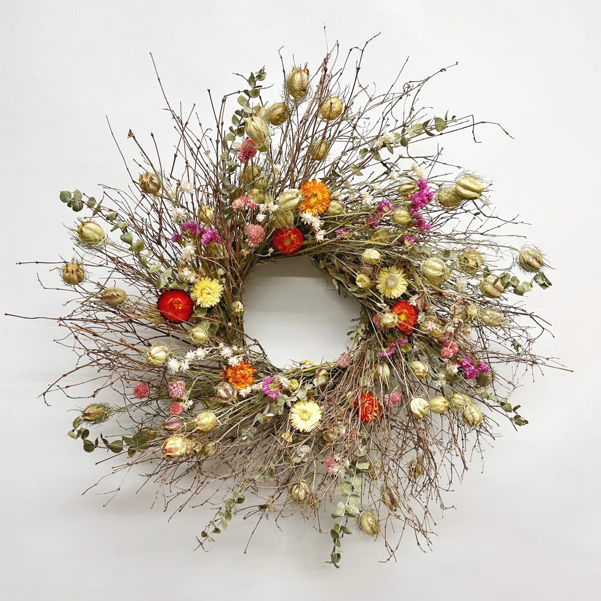 Natural Dried Flower Eucalyptus, Twigs, and Strawflowers Wreath | Wayfair North America