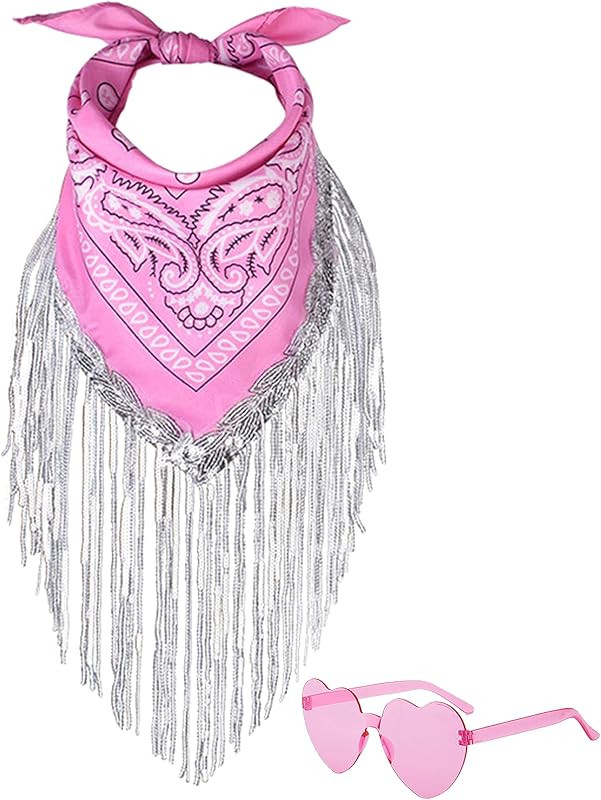 JIANGLAI Fringe Rhinestone Bandana & Heart Sunglasses,Disco Cowgirl Bachelorette | Amazon (US)