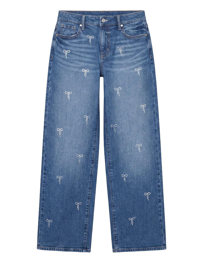 Celebrity Pink Women's and Women's Plus Stone and Pearl Bow Wide Leg Jeans, Sizes 1-24 | Walmart (US)