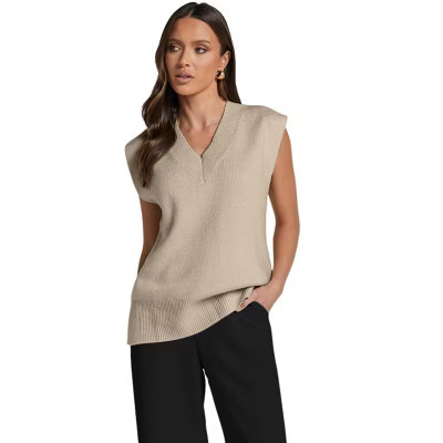 Sweater Vest Women V-Neck Knitted Pullover Short Cap Sleeve Collared Tops Dressy Casual Light Apricot S | Target