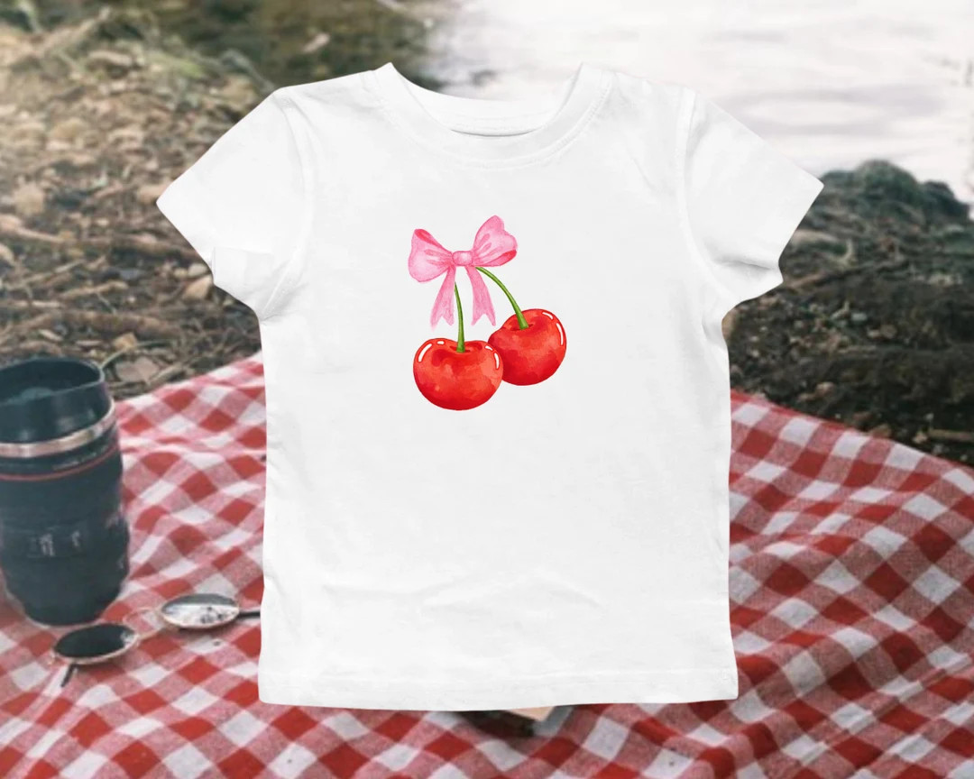 Cherry With a Bow Coquette Baby Tee, Pink Cherry Fitted Tshirt, Lana Del Rey Inspired Baby Tee, C... | Etsy (US)