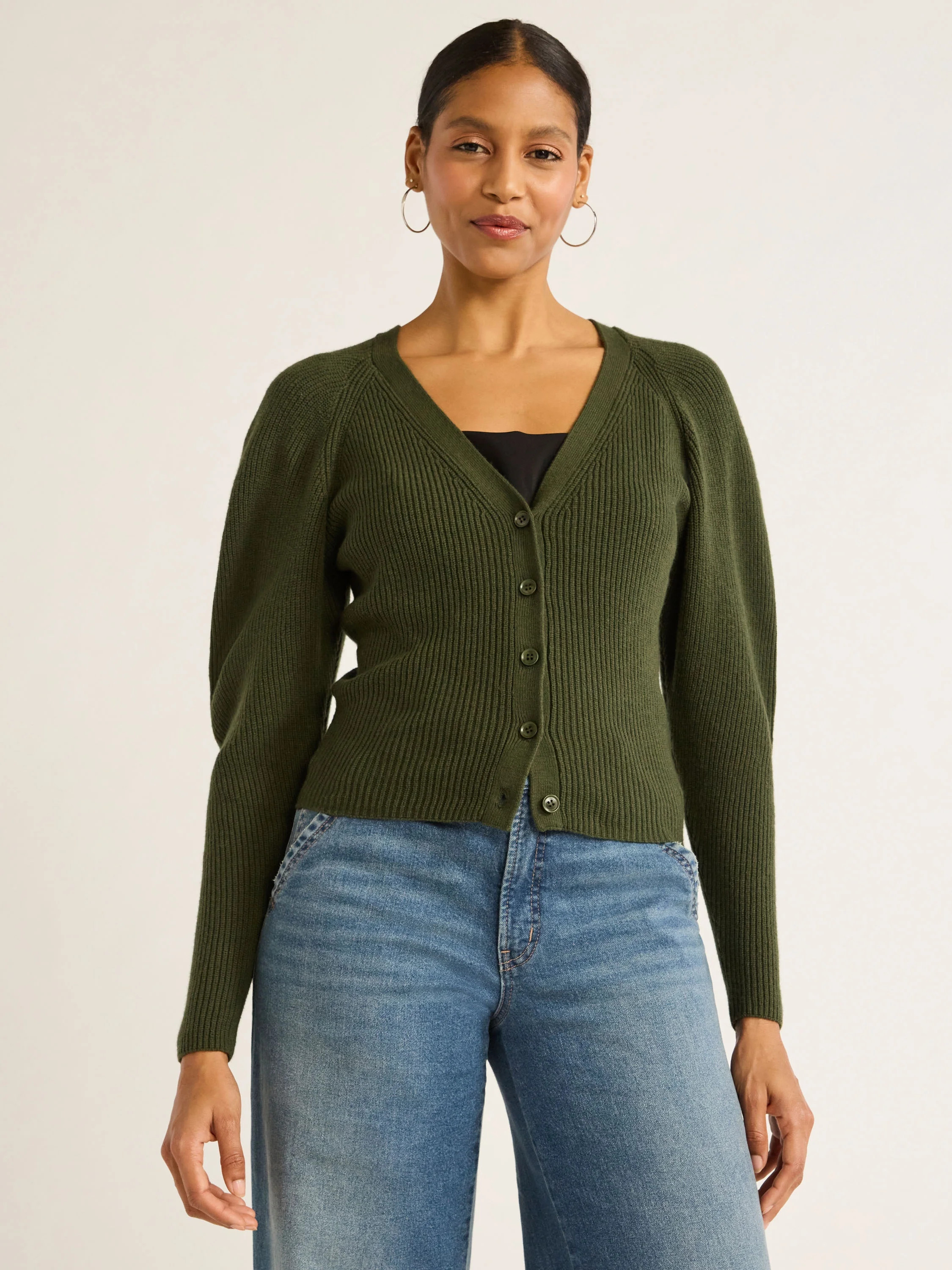 Scoop Women's Puff Sleeve Cardigan Sweater, Lightweight, Sizes XS-XXL | Walmart (US)