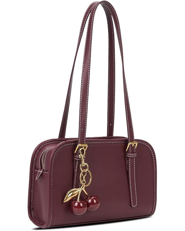 Shoulder Bag Red Purse for Women Leather Swing Bag Zip Handbag Burgundy Purse with Cherry Pendant | Amazon (US)