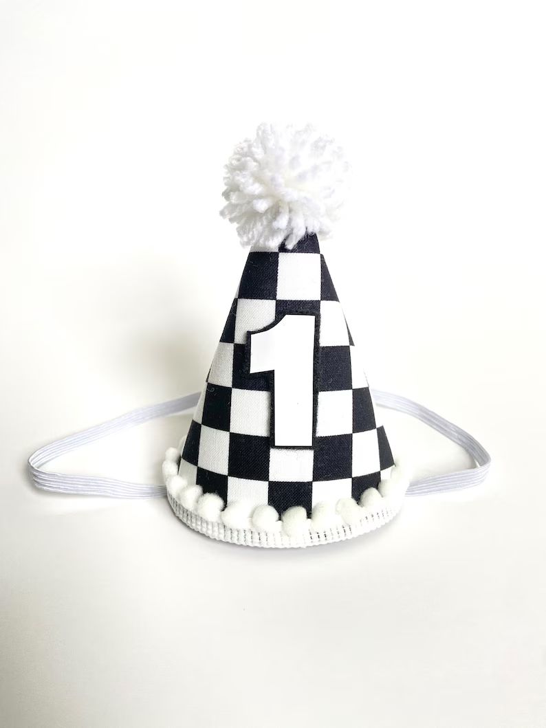 Black White Checker Checkerboard 70s 80s Retro Racing MINI Birthday Party Hat Headband Cake Smash... | Etsy (US)