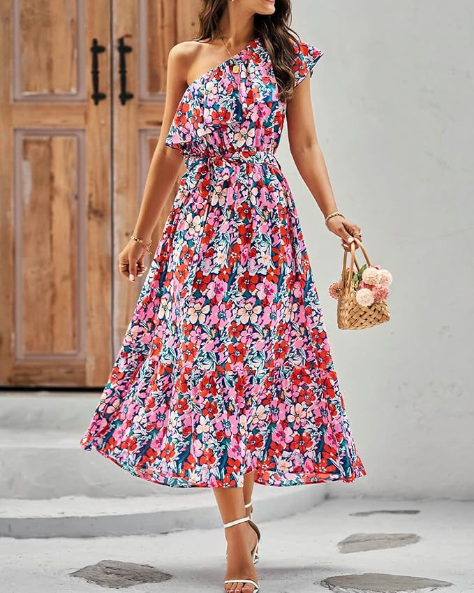 BTFBM Women's One Shoulder Maxi Dress Sleeveless Casual Summer Layered Ruffle Boho Floral Print P... | Amazon (US)