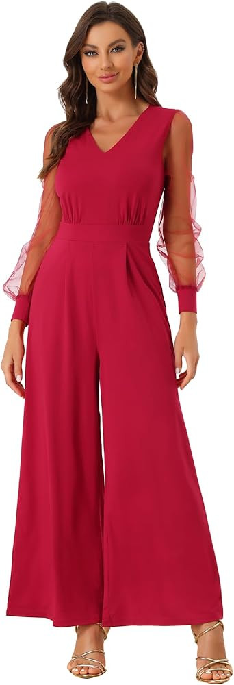 Allegra K Women's Elegant V Neck Mesh Long Sleeve Loose Wide Leg Romper Party Jumpsuits | Amazon (US)
