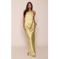 Olive Satin Asymmetric Drape Detail Maxi Dress | PrettyLittleThing US