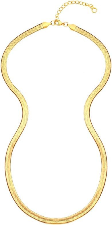 EMATU 18k Real Gold Plated Flat Snake Chain Herringbone Choker Necklace for Women (5MM,14"-22") | Amazon (US)