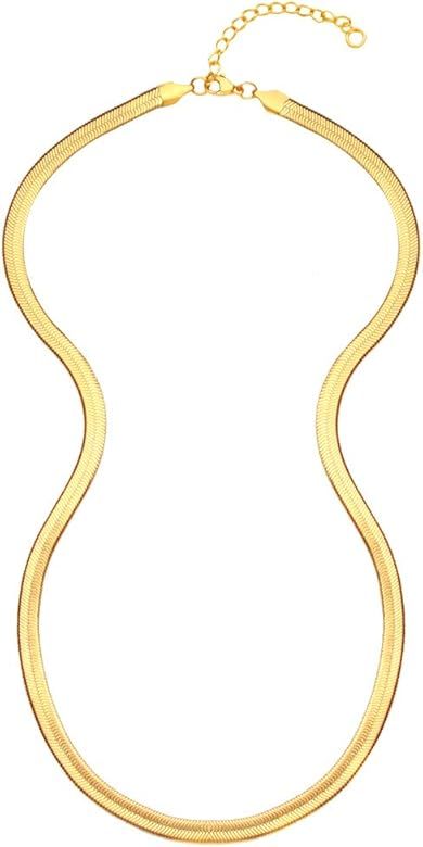 EMATU 18k Real Gold Plated Flat Snake Chain Herringbone Choker Necklace for Women (5MM,14"-22") | Amazon (US)
