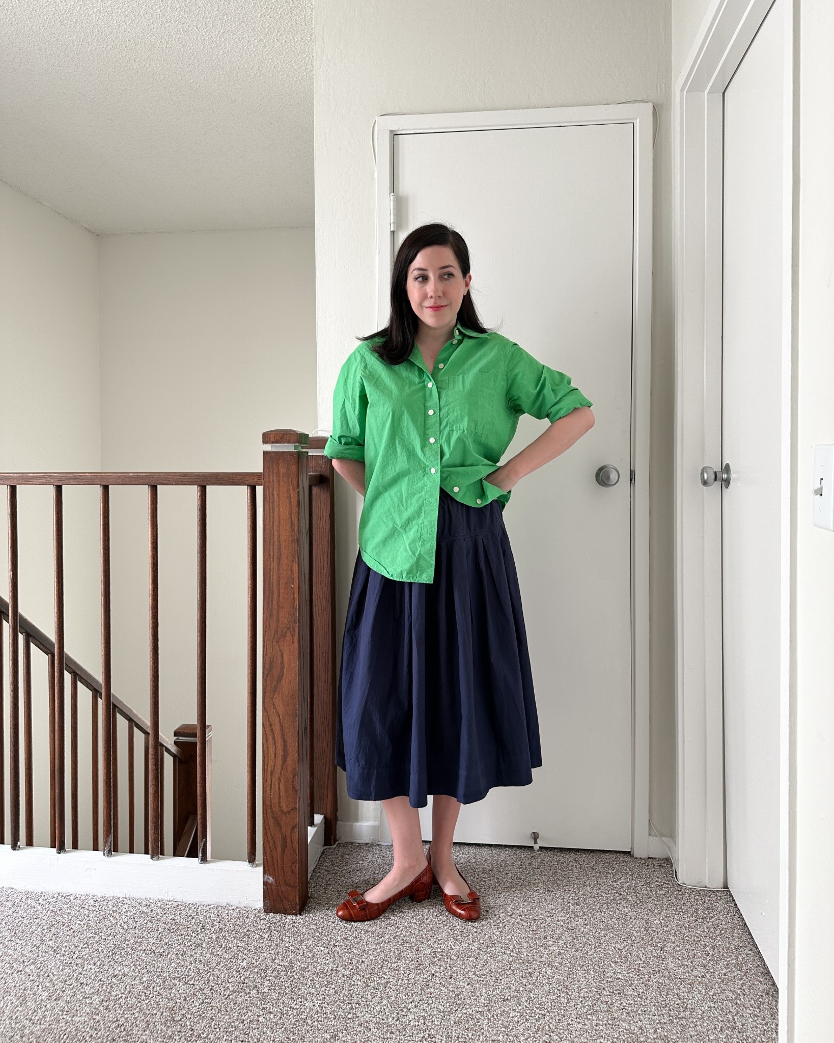 A colorful summer option: Alex Mill skirt, Cos button down (linked other colorful options), and my favorite Ferragamo vara flats 
