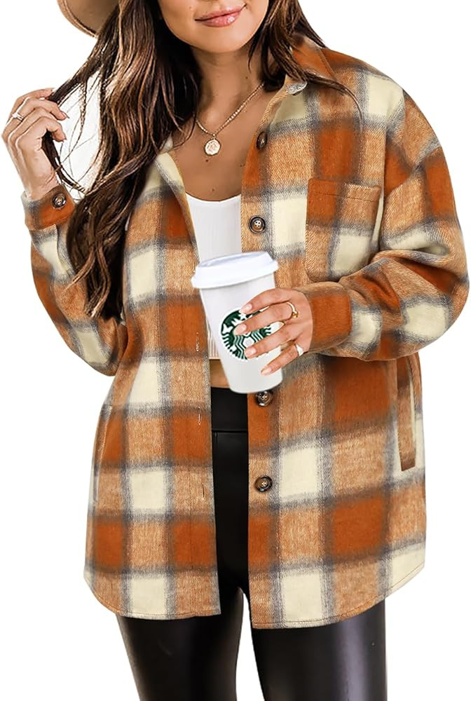 Beaully Women's 2024 Fall Clothes Plaid Shacket Jacket Long Sleeve Button Down Flannel Shirts Fas... | Amazon (US)