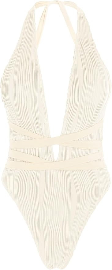 ZAFUL Women Plunging One Piece Swimsuit Backless Cross Tie High Cut Thong One-Piece Bathing Suit | Amazon (US)