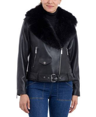 MICHAEL Michael Kors Women's Faux-Fur-Trim Leather Moto Coat - Macy's | Macy's