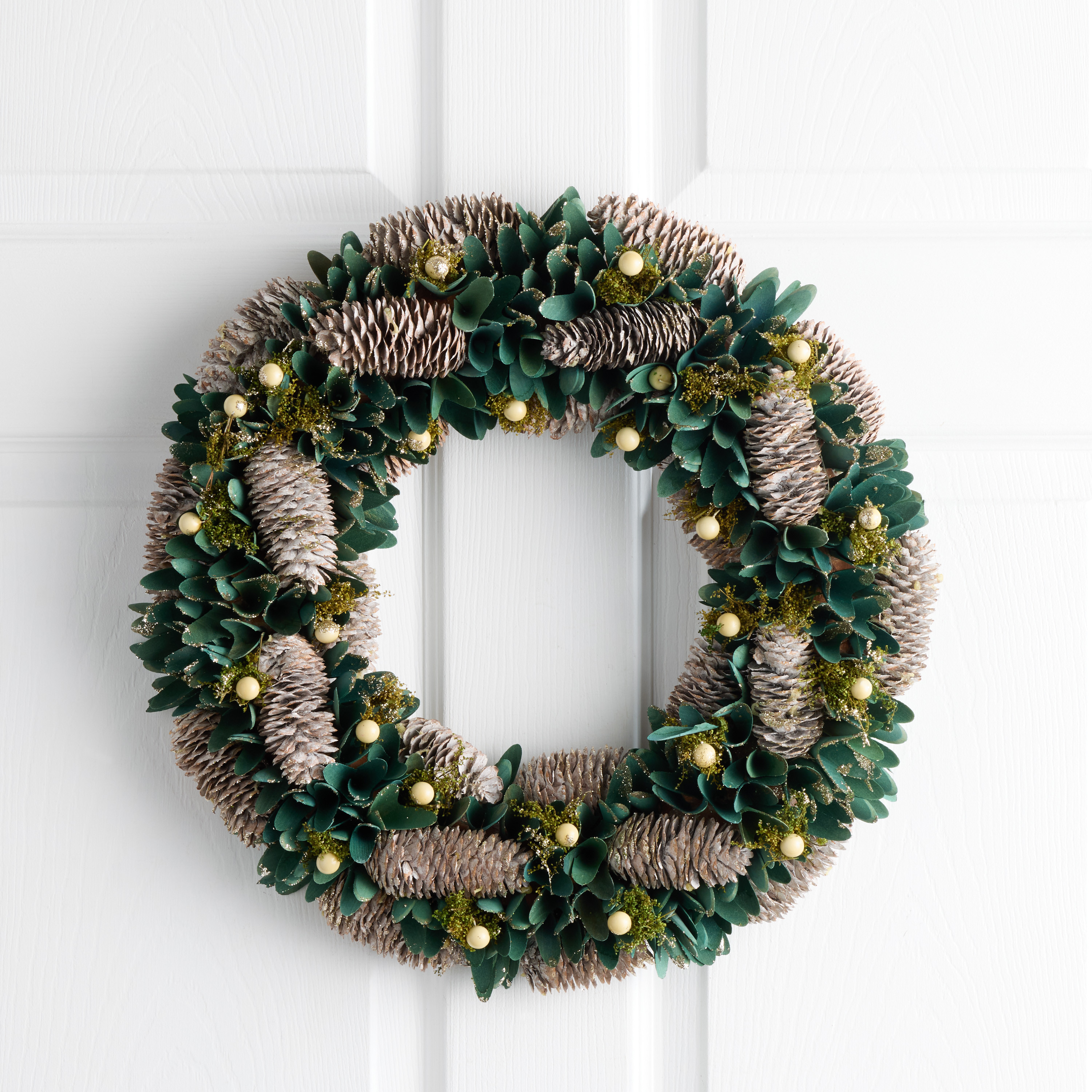 Green Wood Curl and Pinecone Wreath with White Berries | World Market