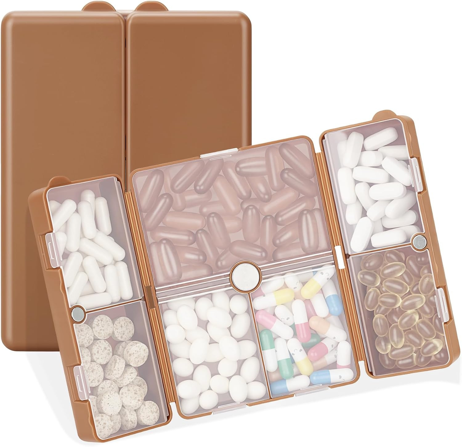 FYY Travel Pill Organizer,7 Compartments Large Pill Box Medicine Case-Brown | Amazon (US)