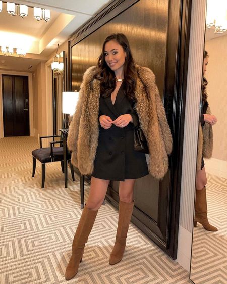 Kat Jamieson of With Love From Kat wears a fall outfit. Blazer dress, mini dress, neutral boots, fur coat, neutral style, fall style. 

#LTKSeasonal #LTKstyletip
