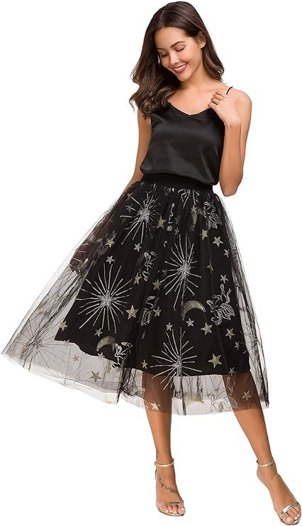 Alcea Rosea Womens A Line Tulle Skirt Black Mesh Tulle Skirt Star Skirt S-XXL | Amazon (US)